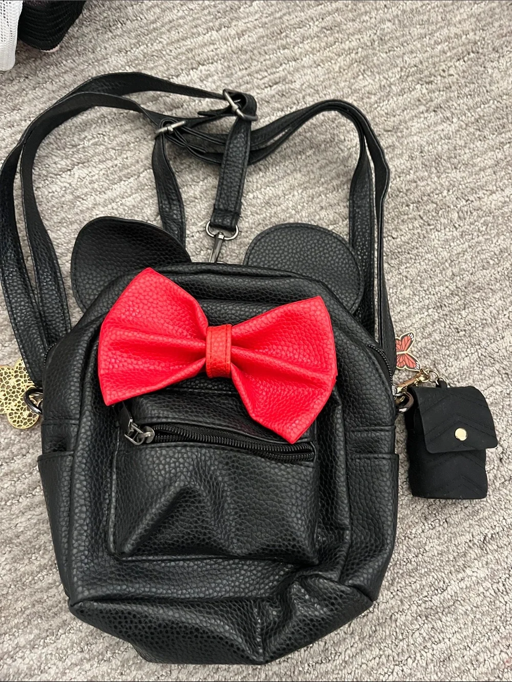 Kids Black Faux Leather Backpack with Red Bow and Minnie ears